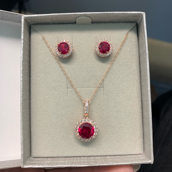 Zales Lab-Created Ruby and White Sapphire Pendant and Earrings Set in Rose Gold - Picture 2 of 4